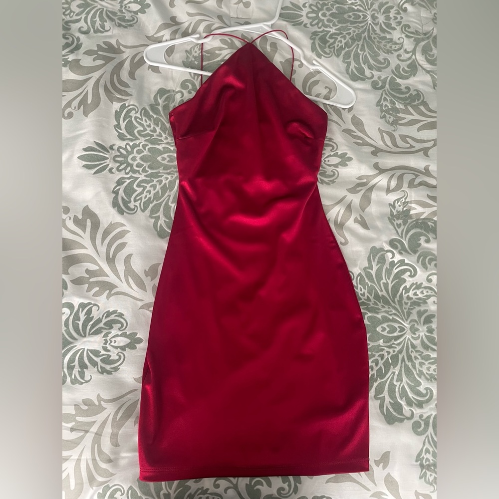 Red satin slip short dress